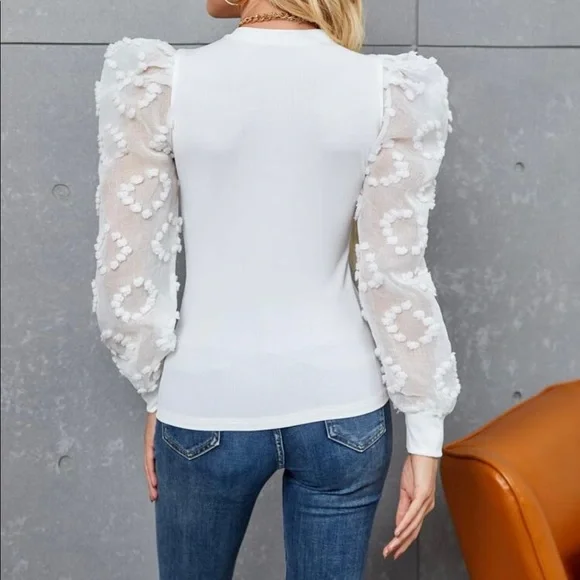 Boho white Sheer Lace Puff Cuff Long Sleeve Ribbed Top Blouse - Picture 3 of 5